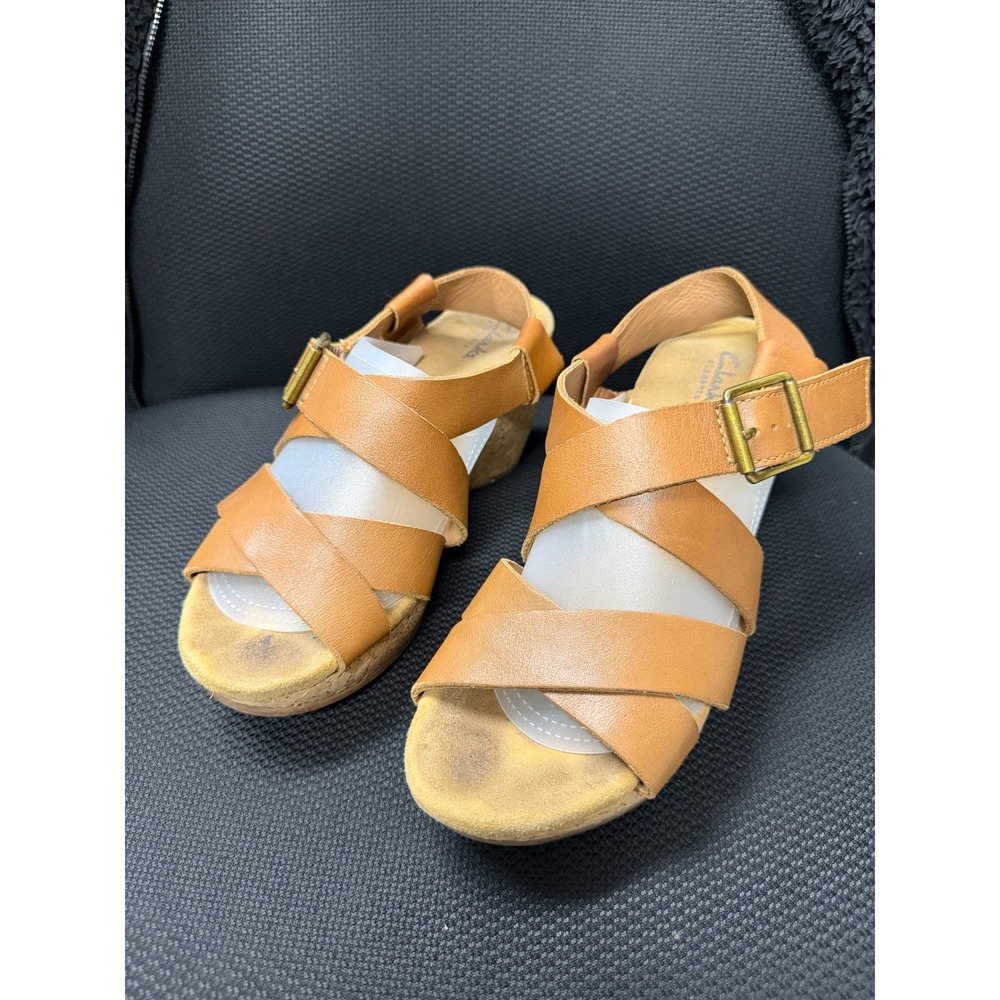 Clarks Leather Wedge Sandals Womens 9M Cork Heel‎ Boho Summer Comfort